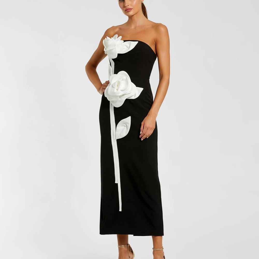 Black Strapless Crepe Ankle Dress with 3D Satin Flowers
